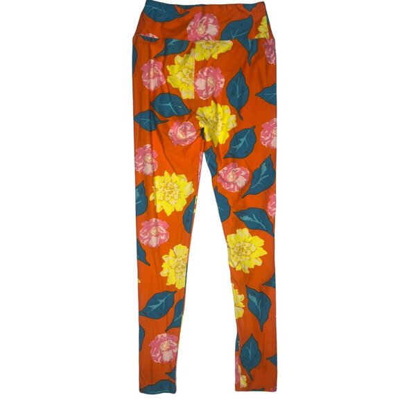 LuLaRoe Womens Leggings Yellow Carnation Floral Orange Buttery Soft One Size - Picture 4 of 6